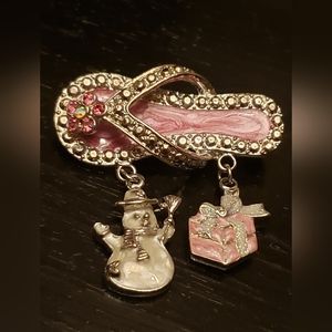 CHRISTMAS CHARM BROOCH FLIP-FLOP PINK AND SILVER DANGLING GIFT & SNOWMAN